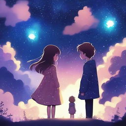 An image featuring a girl and a boy under a starry night sky