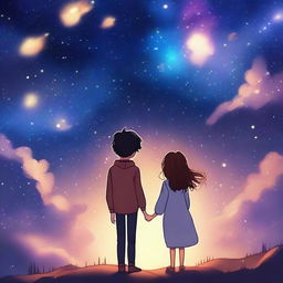 An image featuring a girl and a boy under a starry night sky