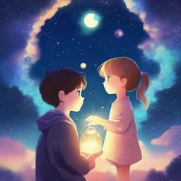 An image featuring a girl and a boy under a starry night sky