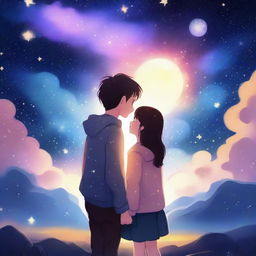 An image featuring a girl and a boy under a starry night sky