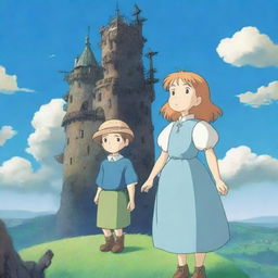 A tall wizard's tower stands in the center background, whimsical and strange like Howl's Moving Castle