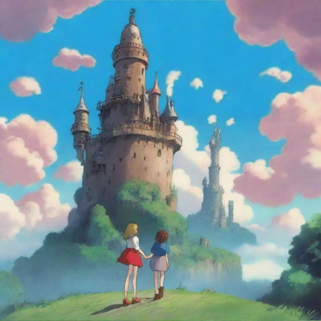 A tall wizard's tower stands in the center background, whimsical and strange like Howl's Moving Castle