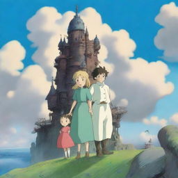 A tall wizard's tower stands in the center background, whimsical and strange like Howl's Moving Castle