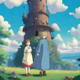 A tall wizard's tower stands in the center background, whimsical and strange like Howl's Moving Castle