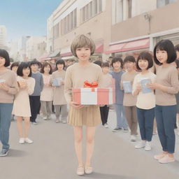 Kawaii style 2D illustration of a short-haired girl with a color scheme of nude and beige, appearing fatigued as she hands out gifts to a long queue of eager people against a bustling background.