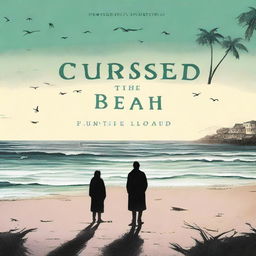 A book cover for 'The Cursed Beach', depicting a mysterious beach where anyone who visits meets an unfortunate fate