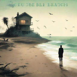 A book cover for 'The Cursed Beach', depicting a mysterious beach where anyone who visits meets an unfortunate fate