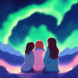 An image featuring two girls under a starry night sky with auroras surrounding them