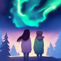 An image featuring two girls under a starry night sky with auroras surrounding them