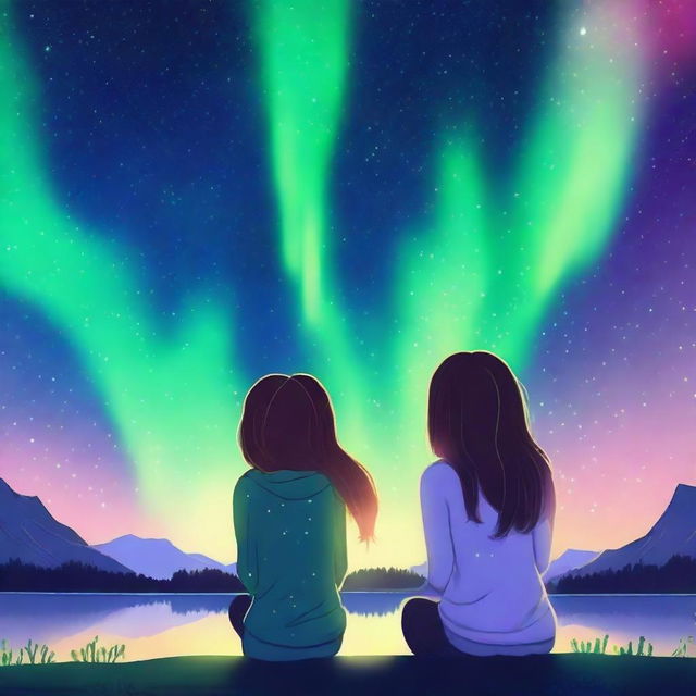 An image featuring two girls under a starry night sky with auroras surrounding them