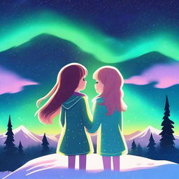 An image featuring two girls under a starry night sky with auroras surrounding them