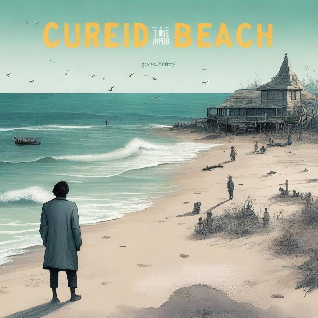 A book cover for 'The Cursed Beach' in English, depicting a mysterious beach where anyone who visits meets an unfortunate fate