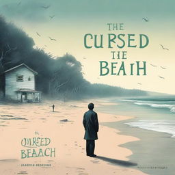 A book cover for 'The Cursed Beach' in English, depicting a mysterious beach where anyone who visits meets an unfortunate fate