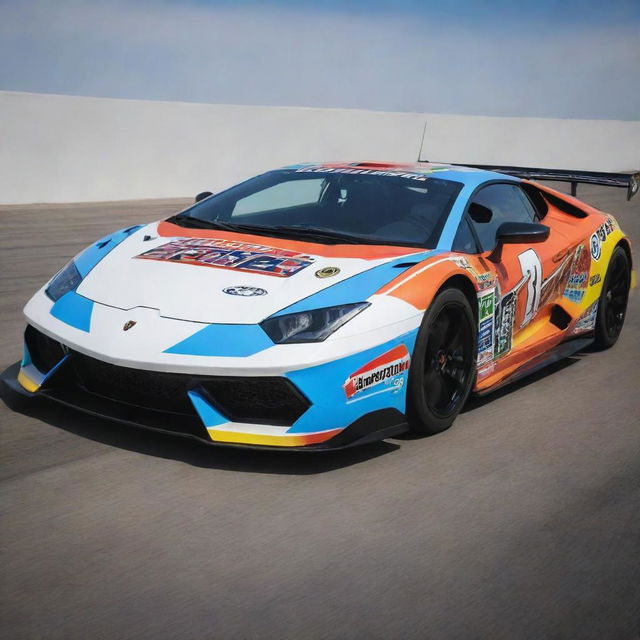 A Lamborghini modified in the style of a NASCAR racing car with vibrant colors and sporting sponsorship decals.