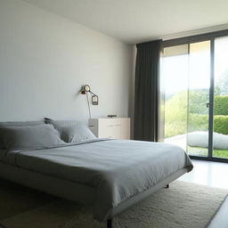 A modern bedroom interior, featuring a comfortable bed, minimalist furniture, abundant natural light, and sleek design touches.