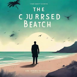 A book cover for 'The Cursed Beach' in English, depicting a mysterious beach where anyone who visits meets an unfortunate fate