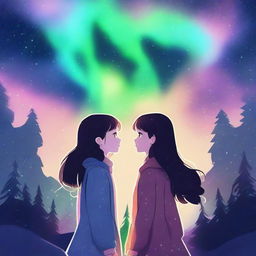 An image featuring two girls under a starry night sky with auroras surrounding them