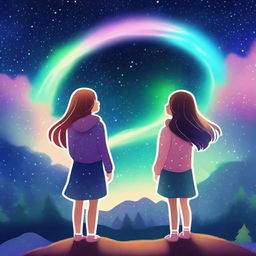 An image featuring two girls under a starry night sky with auroras surrounding them