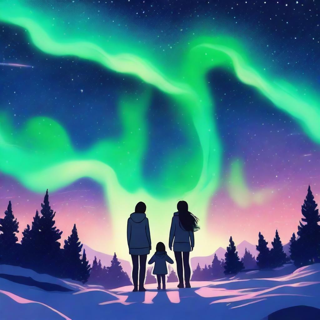 An image featuring two girls under a starry night sky with auroras surrounding them