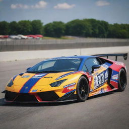 A Lamborghini modified in the style of a NASCAR racing car with vibrant colors and sporting sponsorship decals.