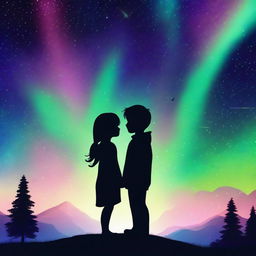 An image featuring the silhouettes of a girl and a boy under a starry night sky with auroras surrounding them