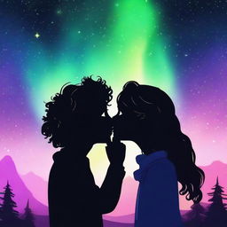 An image featuring the silhouettes of a girl and a boy under a starry night sky with auroras surrounding them