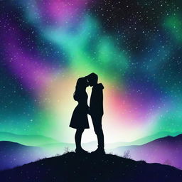 An image featuring the silhouettes of a girl and a boy under a starry night sky with auroras surrounding them