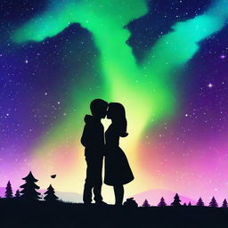 An image featuring the silhouettes of a girl and a boy under a starry night sky with auroras surrounding them