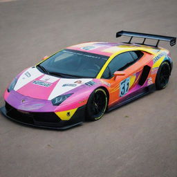 A Lamborghini modified in the style of a NASCAR racing car with vibrant colors and sporting sponsorship decals.