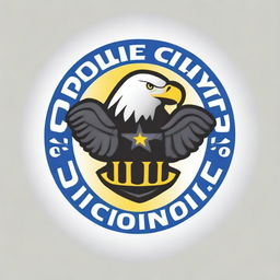 Create a bold and authoritative police logo featuring an eagle with its wings spread wide, wearing a police hat