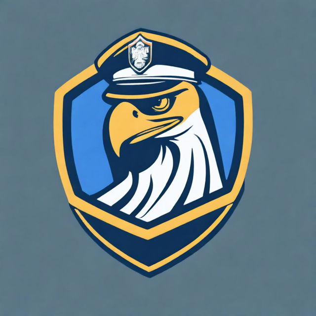 Create a bold and authoritative police logo featuring an eagle with its wings spread wide, wearing a police hat