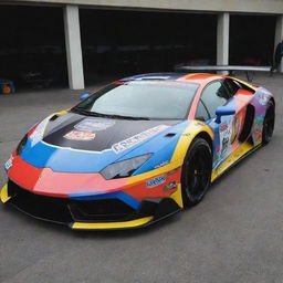 A Lamborghini modified in the style of a NASCAR racing car with vibrant colors and sporting sponsorship decals.