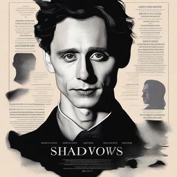 Create a movie poster for 'Shadow's Whisper' featuring the title, actors' names (Main character: Harris Dickinson, Tom Hiddleston, Ben Whishaw), and an anticipated release date