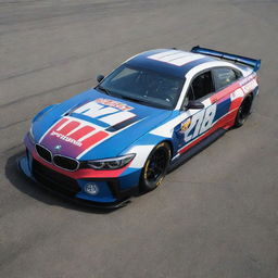 A BMW reinvented in a NASCAR style, featuring bold colors, racing stripes and decorated with multiple sponsorship logos.