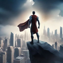 Create a captivating movie poster featuring a heroic character standing on a cliff, overlooking a futuristic cityscape