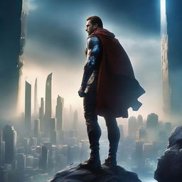 Create a captivating movie poster featuring a heroic character standing on a cliff, overlooking a futuristic cityscape