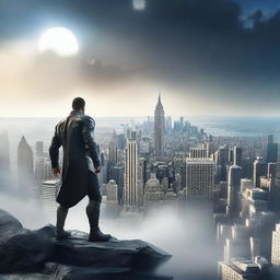 Create a captivating movie poster featuring a heroic character standing on a cliff, overlooking a futuristic cityscape