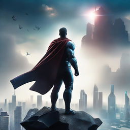 Create a captivating movie poster featuring a heroic character standing on a cliff, overlooking a futuristic cityscape