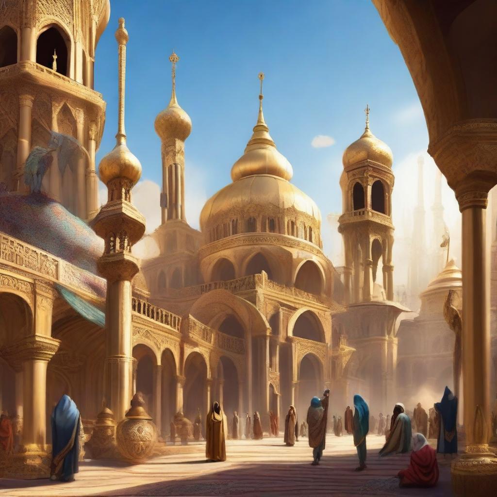 Create an image of 'The City of Brass' with towering golden spires, intricate architectural details, and a bustling marketplace filled with vibrant colors and exotic wares