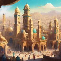 Create an image of 'The City of Brass' with towering golden spires, intricate architectural details, and a bustling marketplace filled with vibrant colors and exotic wares