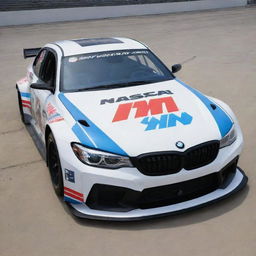 A BMW reinvented in a NASCAR style, featuring bold colors, racing stripes and decorated with multiple sponsorship logos.