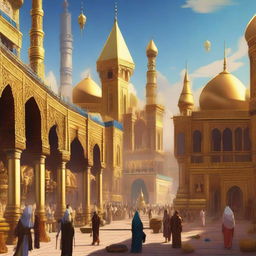 Create an image of 'The City of Brass' with towering golden spires, intricate architectural details, and a bustling marketplace filled with vibrant colors and exotic wares