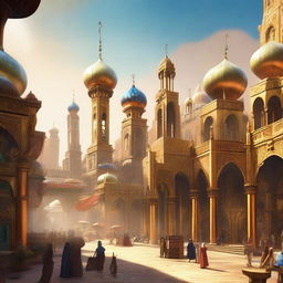 Create an image of 'The City of Brass' with towering golden spires, intricate architectural details, and a bustling marketplace filled with vibrant colors and exotic wares