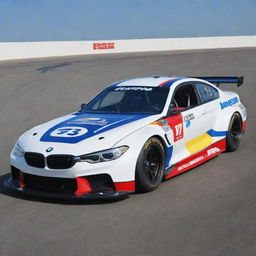 A BMW reinvented in a NASCAR style, featuring bold colors, racing stripes and decorated with multiple sponsorship logos.