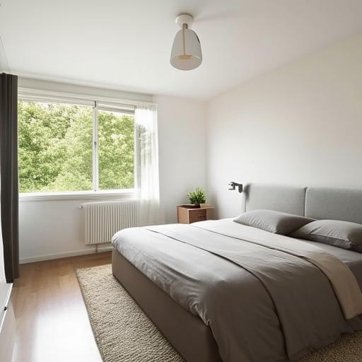 A modern bedroom interior, featuring a comfortable bed, minimalist furniture, abundant natural light, and sleek design touches.