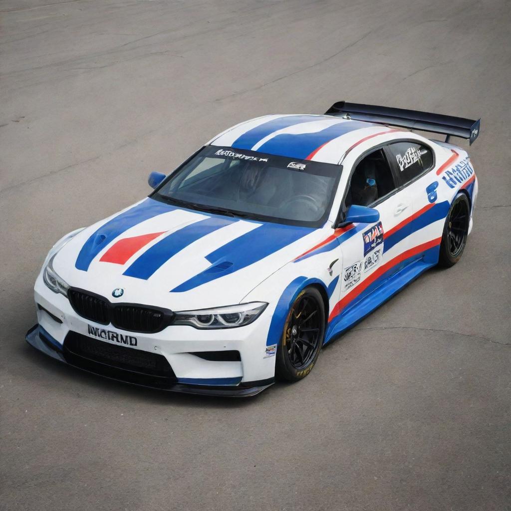 A BMW reinvented in a NASCAR style, featuring bold colors, racing stripes and decorated with multiple sponsorship logos.