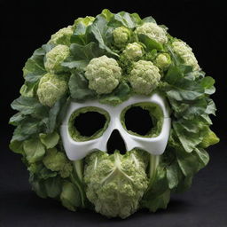 A detailed motorcyclist helmet intricately composed of lettuce, spinach and cauliflower, maintaining the structure and unique characteristics of each vegetable.