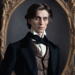 Create a trailer for 'Eternal Vanity' that begins by highlighting Dorian Gray's remarkable charm and beauty, featuring Basil Hallward's stunning portrait of him, and emphasizing the moment when Dorian wishes to stay young forever