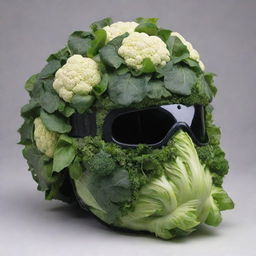 A detailed motorcyclist helmet intricately composed of lettuce, spinach and cauliflower, maintaining the structure and unique characteristics of each vegetable.