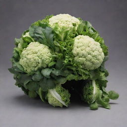 A detailed motorcyclist helmet intricately composed of lettuce, spinach and cauliflower, maintaining the structure and unique characteristics of each vegetable.